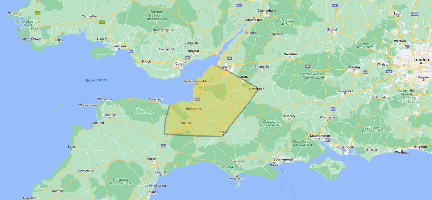 Map showing Towens skip hire coverage in South West England, including Bristol, Taunton, Bridgwater, and surrounding areas.